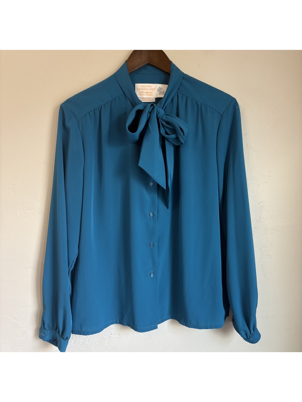Vintage Country Sophisticates by Pendleton Teal Blue  Bow Blouse Size 16